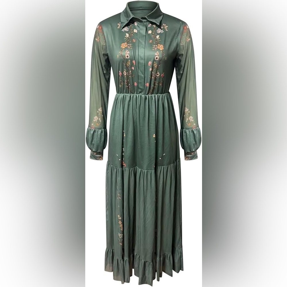 Vintage Style Floral Long Sleeve Chiffon Western Maxi Dress Green XL NWOT Fits